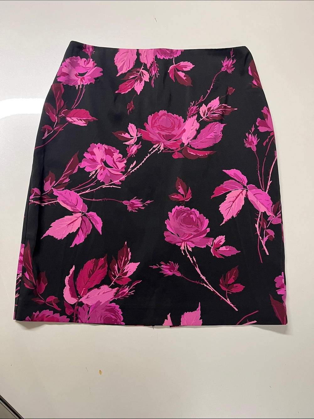 Express Stretch Pencil Skirt with Hot Pink Floral Print on Black